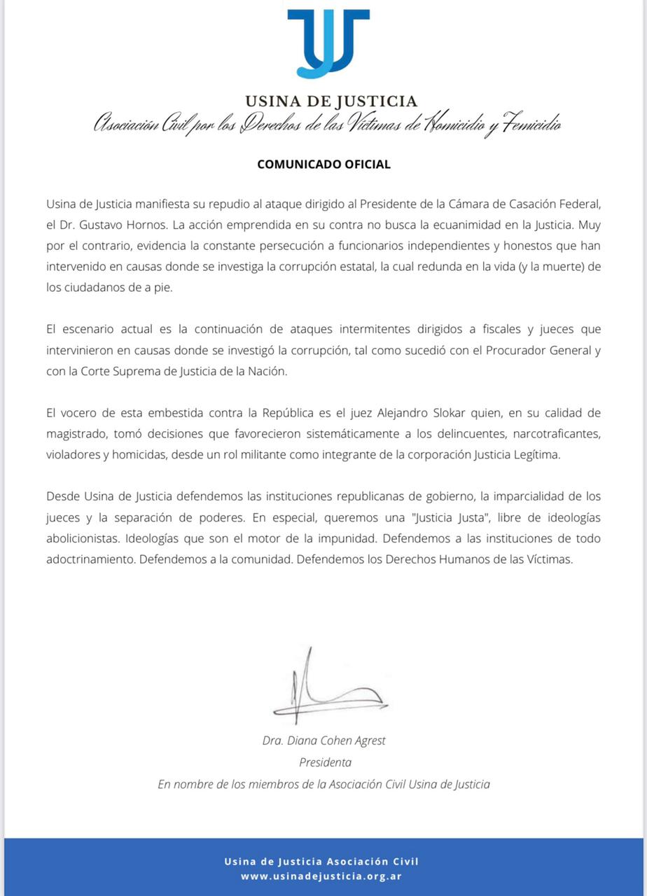 Comunicado oficial de Usina de Justicia en defensa de las instituciones